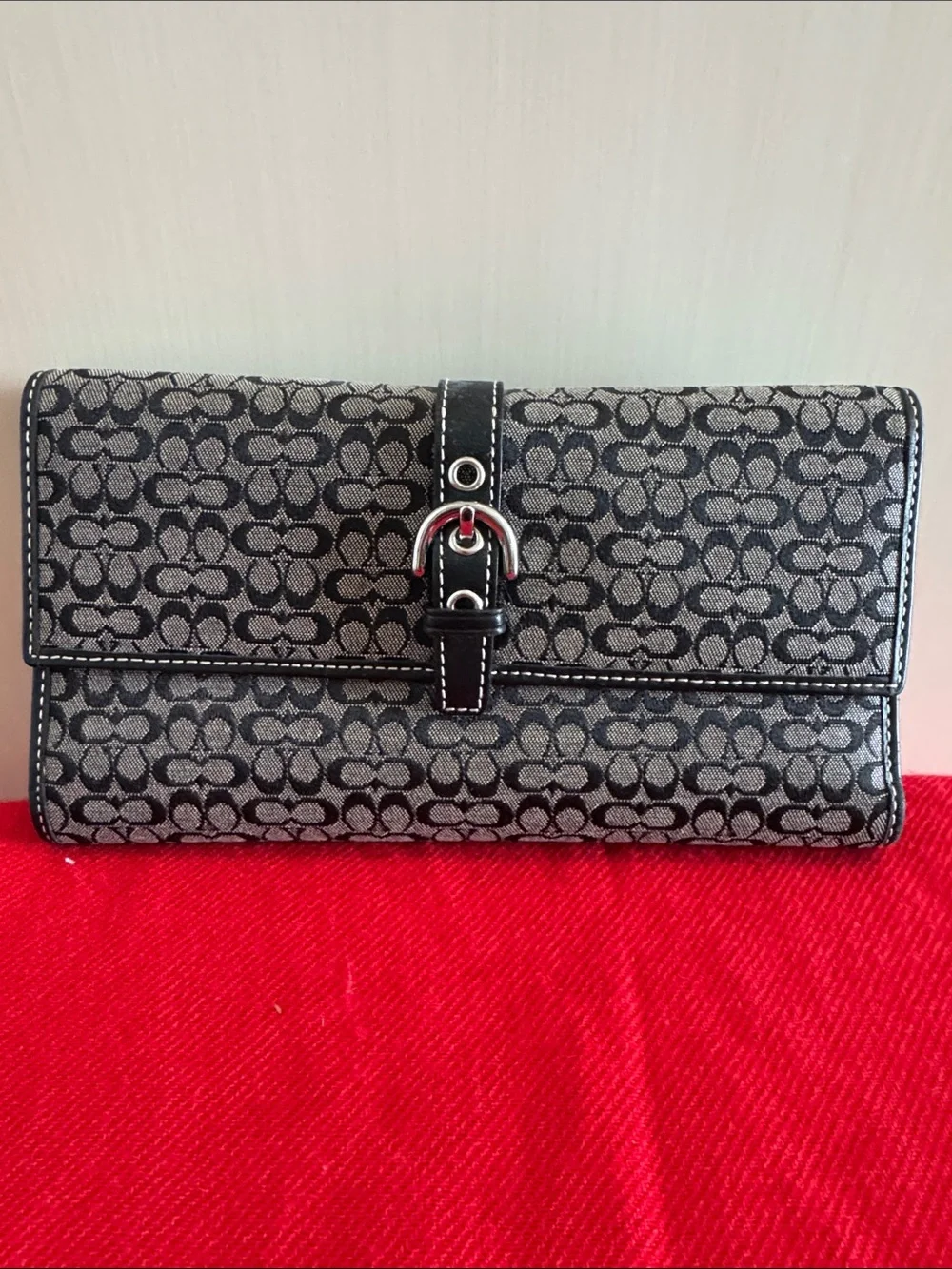 Signature Monogram Fold-Over Clutch Wallet in Black and Gray